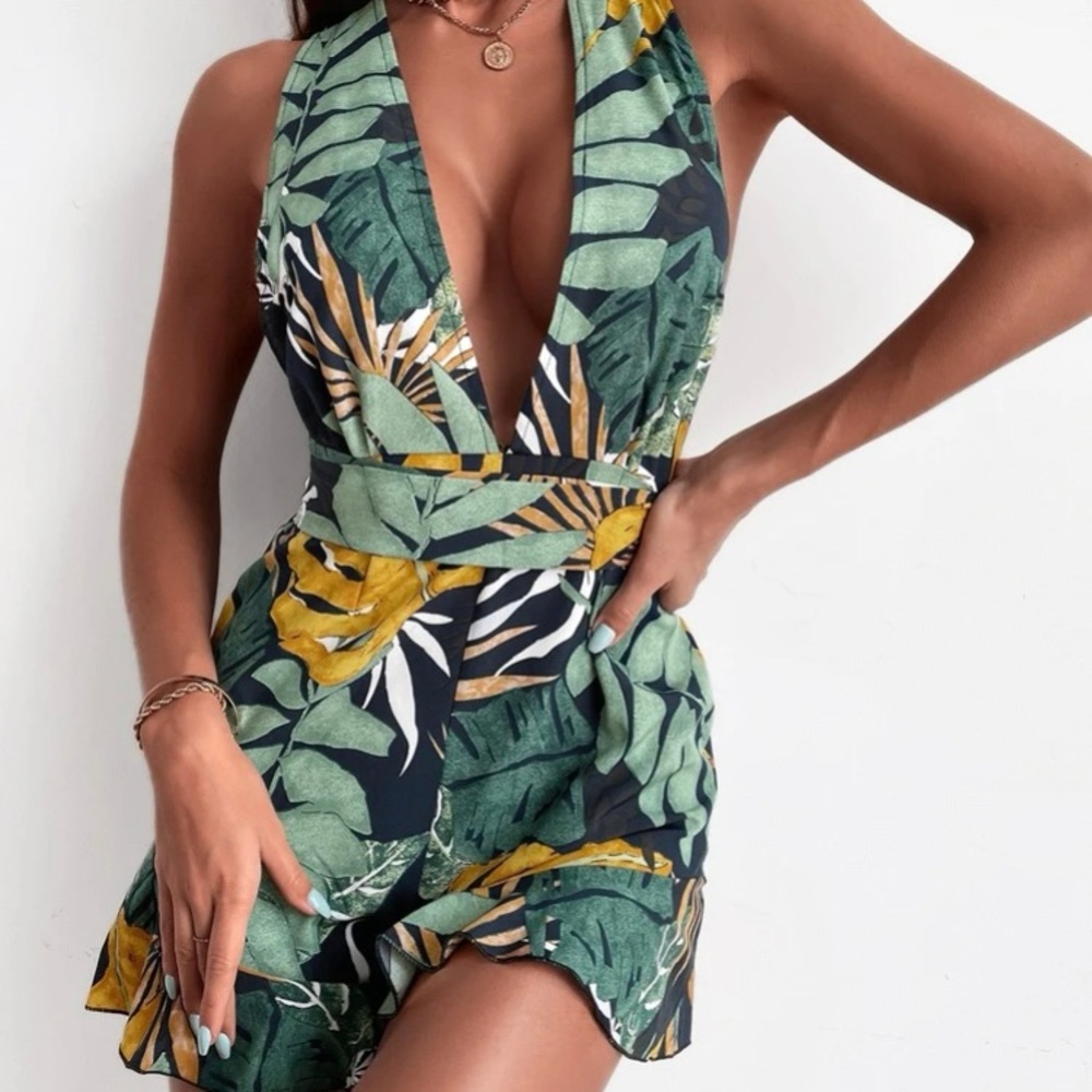 SHEIN Leaf Print Ruffle Hem Tie Back Romper